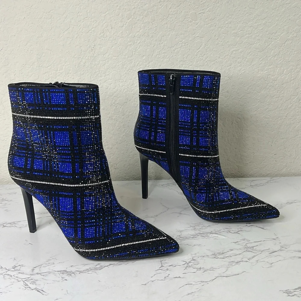 INC-  Blue Plaid Rhinestone Reisa Pointed Toe Stiletto Dress Booties - Picture 5 of 11